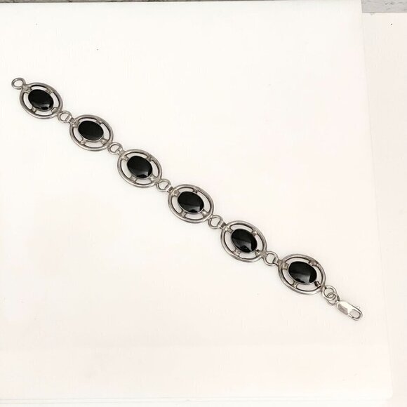 Vintage Handmade Sterling Silver Black Onyx Round Link Segment Bracelet 7.5" - Picture 3 of 5